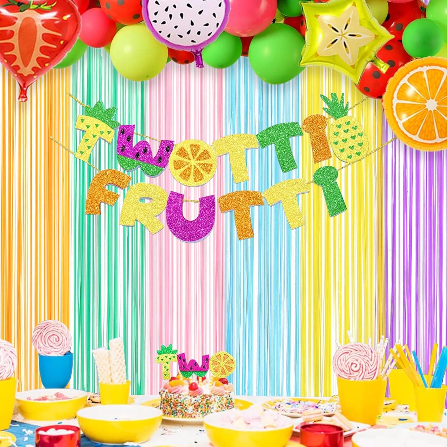 Pastel Foil Fringe Curtains 2 Packs and Iridescent Party Table Cloths 2 Packs for Party Backdrop Decorations