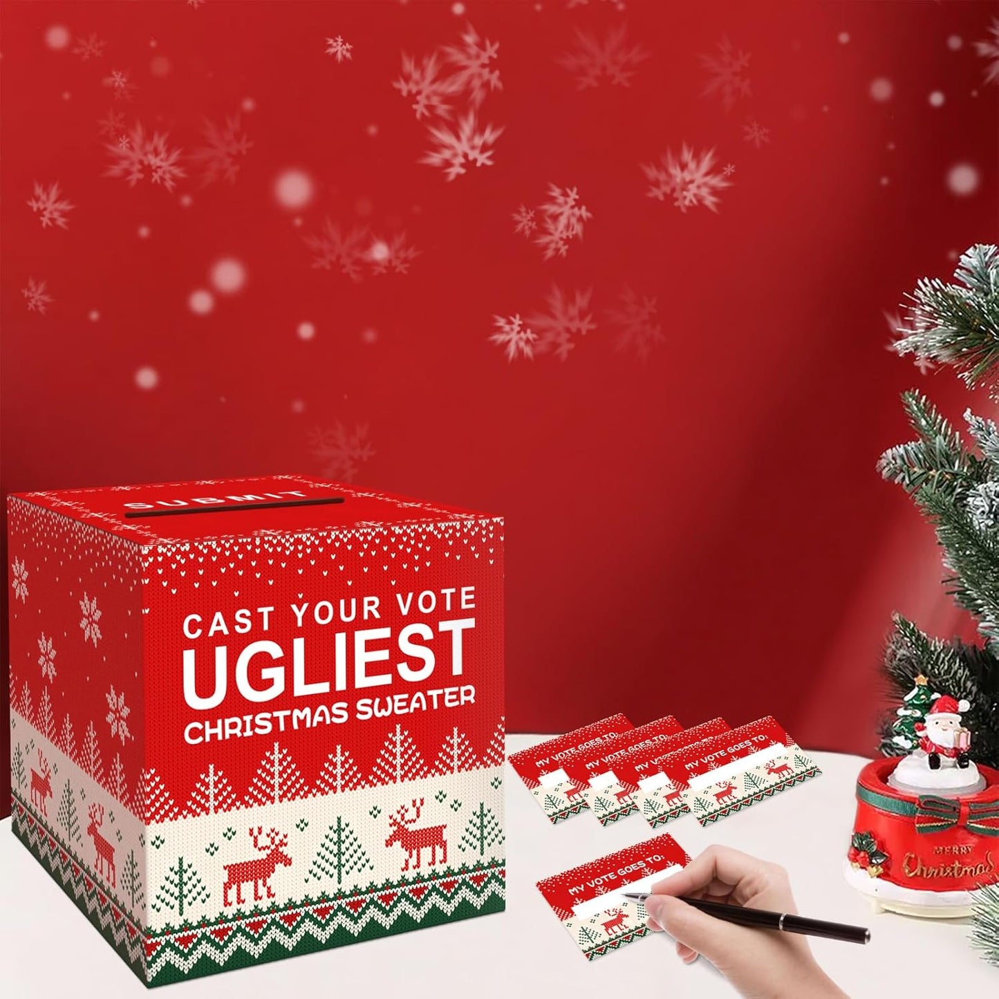 Ugly Sweater Contest Ballot Box, Voting Cards Box Set with 50 Voting Cards Sweater Contest Ballot Box for Christmas Games Party Decorations