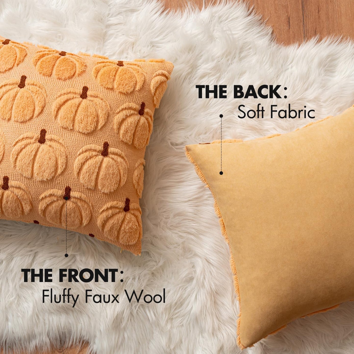 Autumn-Inspired Pumpkin Decorative Throw Pillow Covers - Set of 2, 18 x 18 Inches, Soft Plush Faux Fur for Farmhouse and Halloween Décor