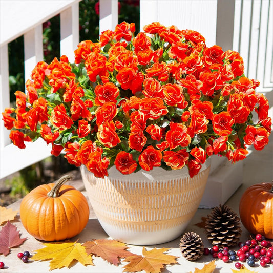 Artificial Faux Outdoor outside Flowers Plants for Fall Decor, Fake Silk Orange Camellia UV Resistant Look Real for Autumn Planter Front Door Porch Patio Balcony Decoration, 3 Large Bundles