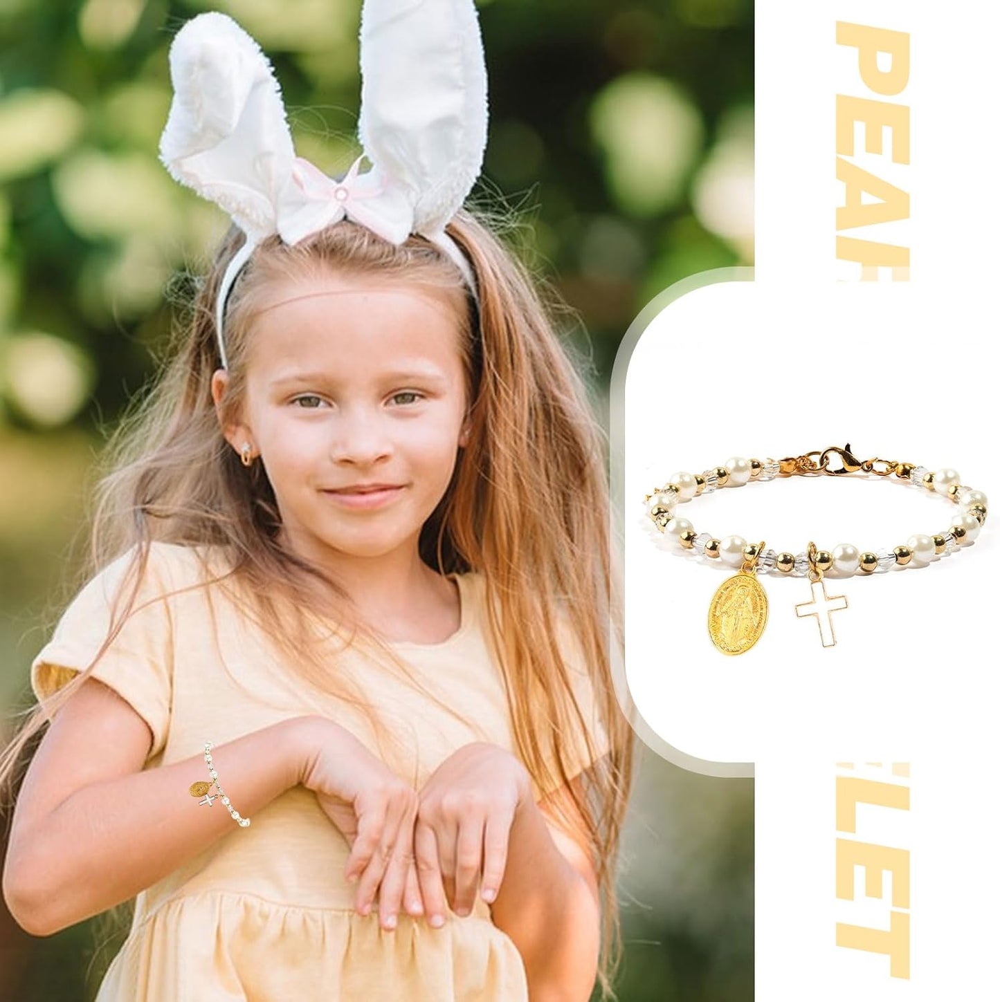 Christmas Gifts Pearl Cross Bracelet for Girls - First Communion, Baptism, Easter, Little Girl Gifts for Daughter Granddaughter Godchild-Gold Adjustable with Blessing Card Cross Bracelet