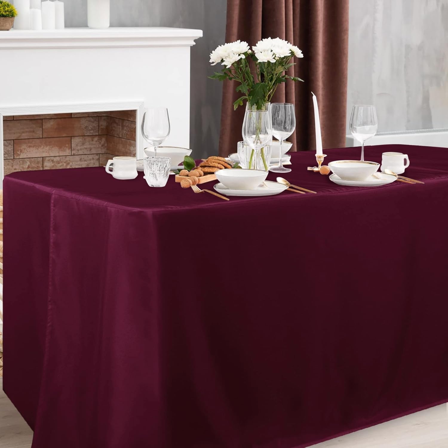 2 Pack Fitted Table Covers for 6 Foot Tables - Water Resistant Washable Fabric Polyester Rectangle Table Cover Protector for Wedding, Banquet and Trade Shows, 72L X 30W X 30H Inches, Burgundy