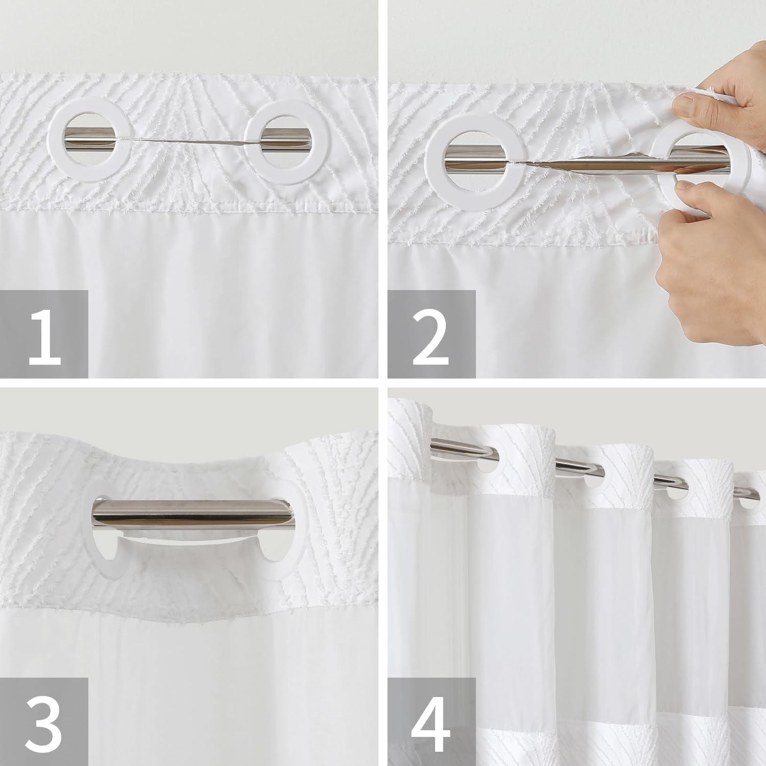 No Hook Shower Curtain and Liner Set,No Hook Tufted Striped Textured Shower Curtain with Snap in Liner Replacement and Waterproof Fabric,Boho Style with See through Top Window,White,71Wx74H