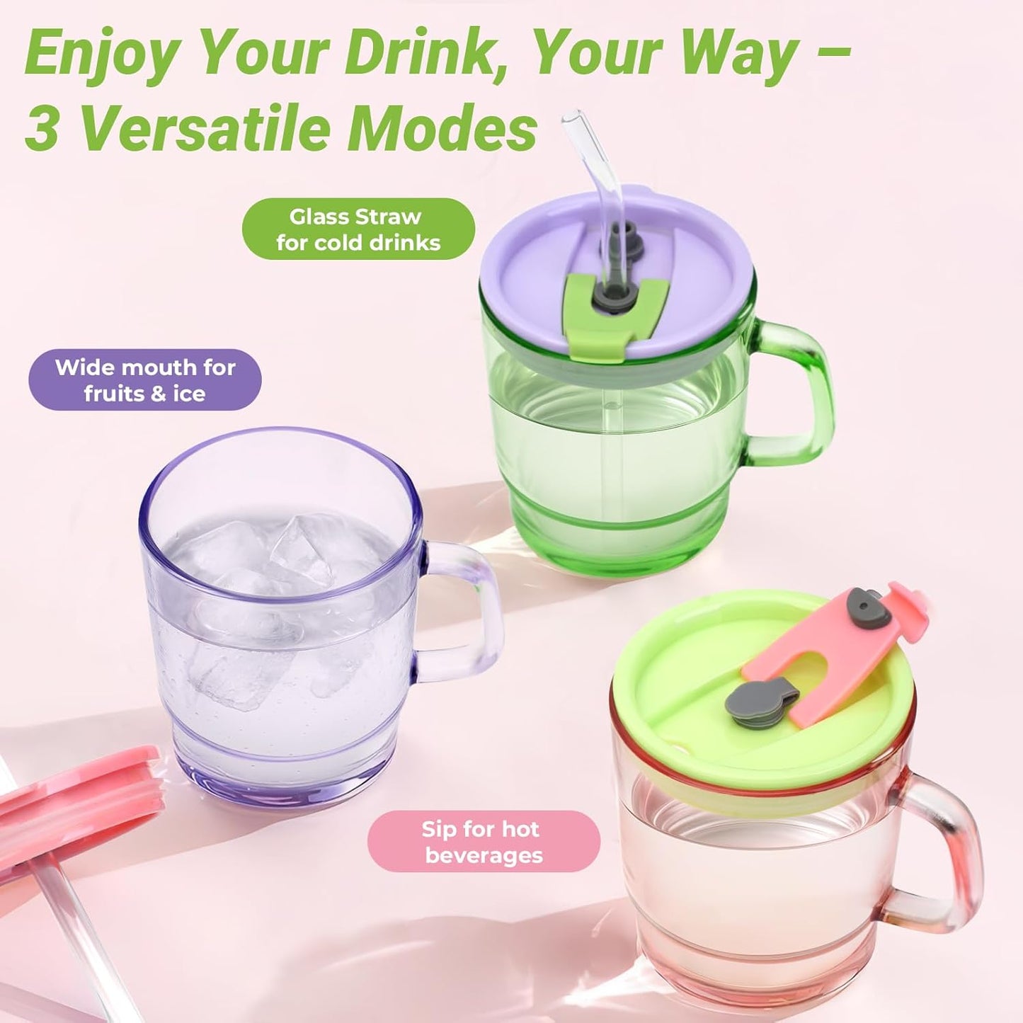 13Oz Tumbler Water Glass Cups with Lid and Straw, 2 Pack Reusable Iced Coffee Cups with Handle, Sealed Carry on for Iced Tea, Coffee, Bpa-Free Glass Tumblers for Home, Office, Party, Outdoor