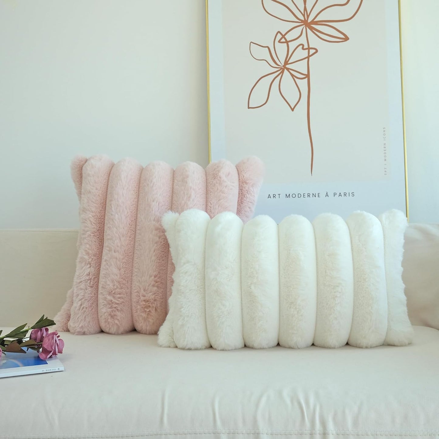 Pack of 2 Faux Fur Plush Decorative Throw Pillow Covers Couch Cushion Case Soft Fluffy Pillowcases Wide Stripe (Pink, 18 X 18 Inch)