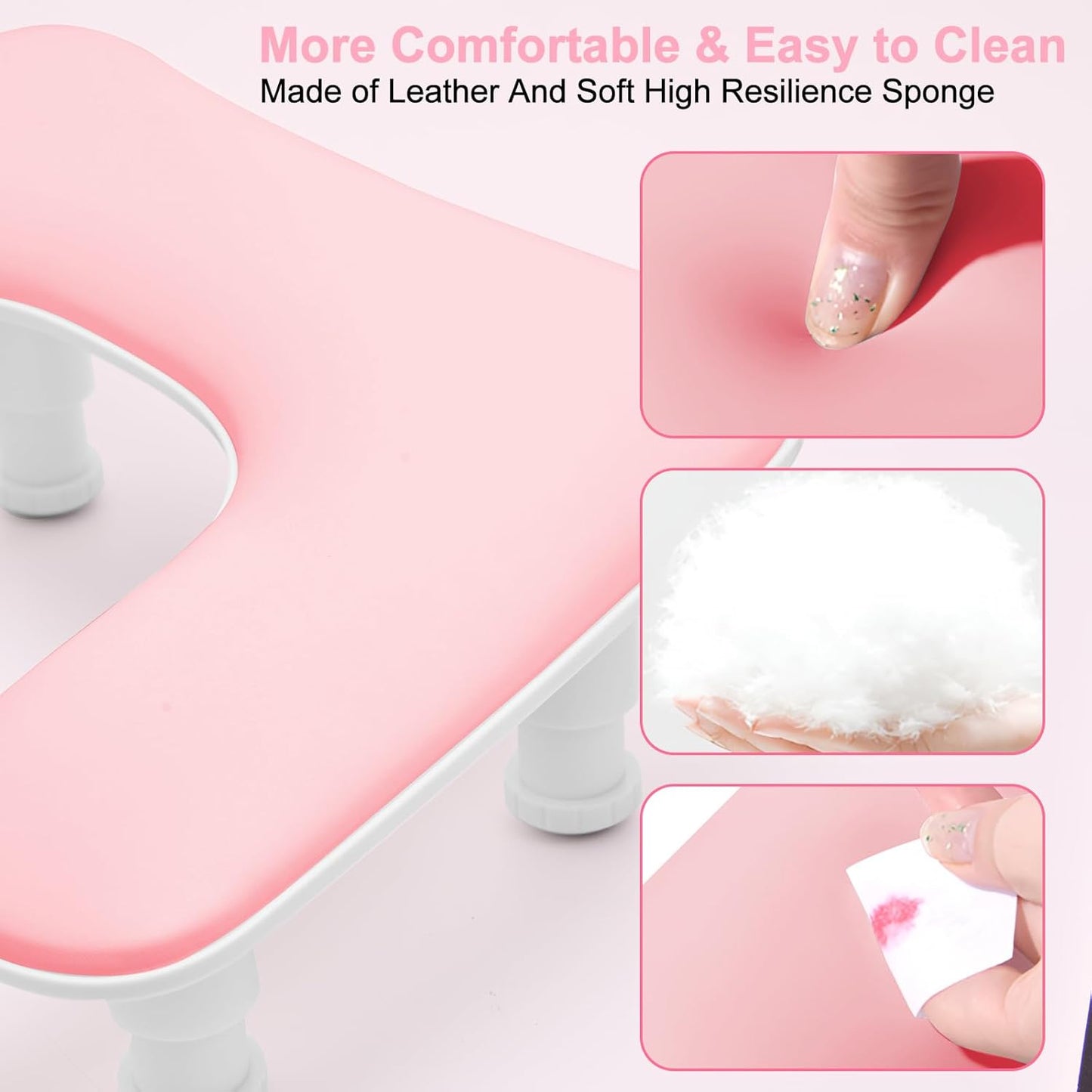 Nail Arm Rest, U-Shaped Adjustable Height Nail Hand Rest for Manicure, Microfiber PU Leather Hand Rest Pillow for Acrylic Nail, Soft Hand Rest/Nail Hand Pillow for Manicure Salon Use-Pink