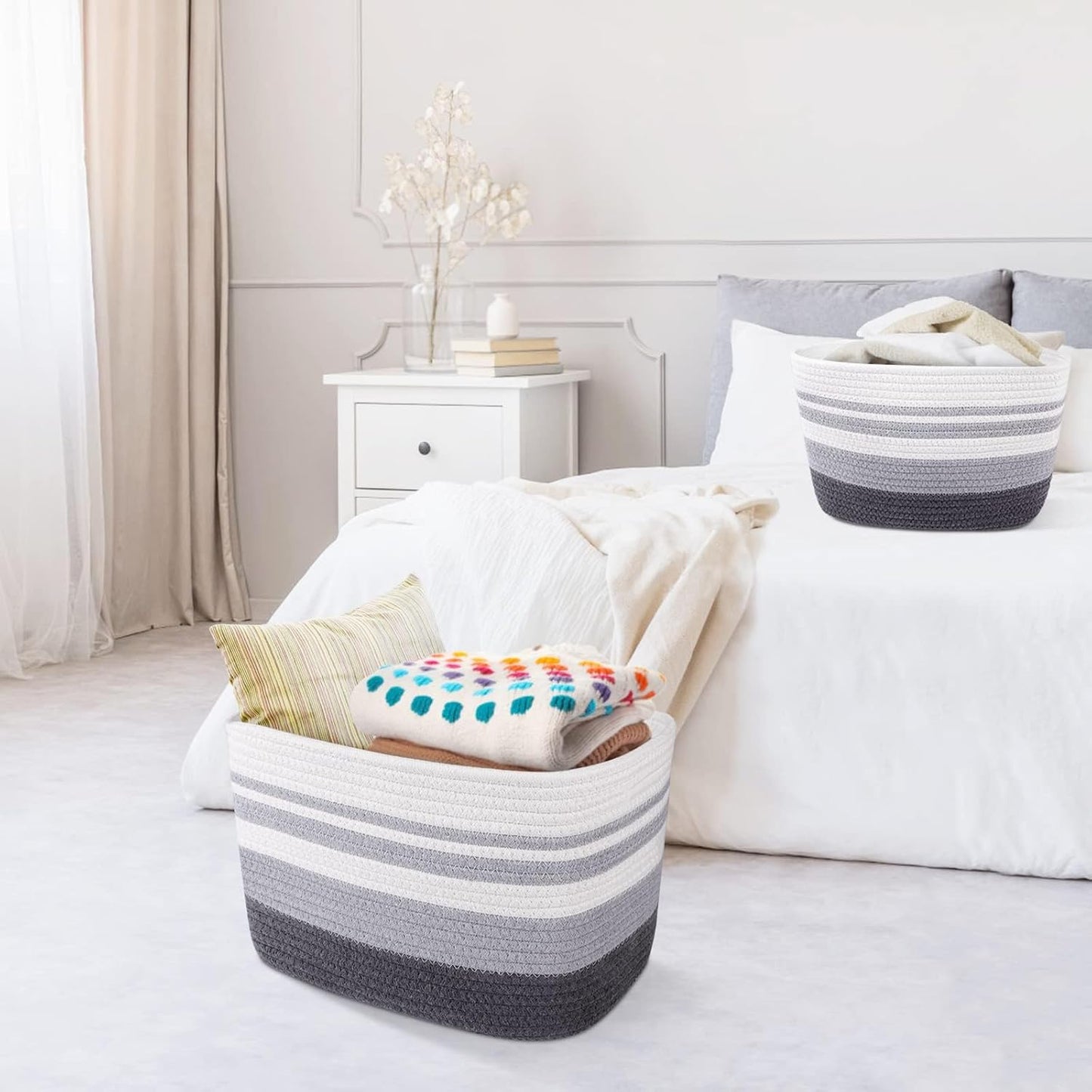 Storage Basket 3 Pack, Laundry, Blanket, Cotton Rope and Woven Baskets for Organizing, Toy Storage for Living Room, Laundry Room, Bedroom, Nursery, Grey