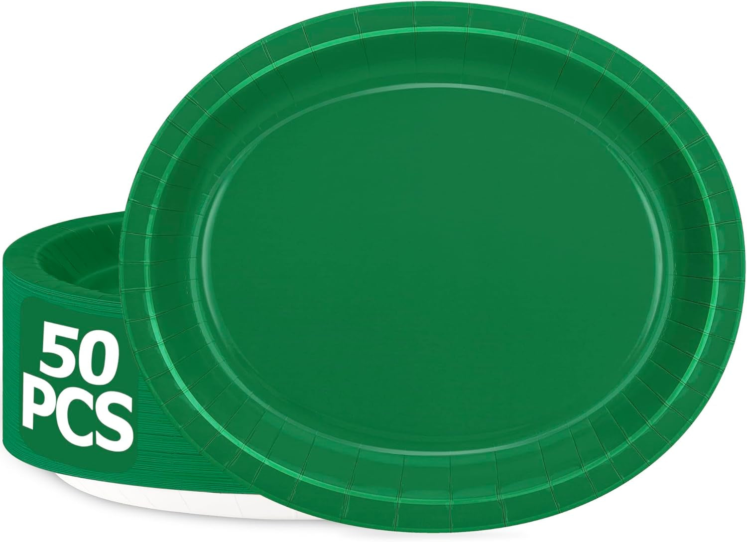 50 Count Large Green Oval Paper Plates, 12.2'' X 10.2'' for Daily Dinner, Outdoor Picnic, Birthday Party, Barbecue, Holiday - Disposable Bulk Party Supplies