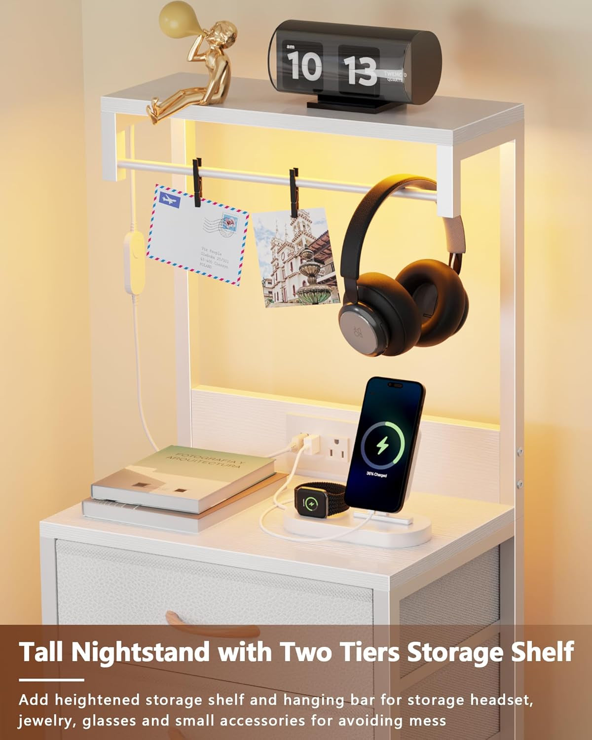 White Tall Nightstand with Charging Station and LED Lighting, Multifunctional Bedside Table with 4 Fabric Drawers, Metal Frame and Wood Shelves for Bedroom, Office, and Hallway