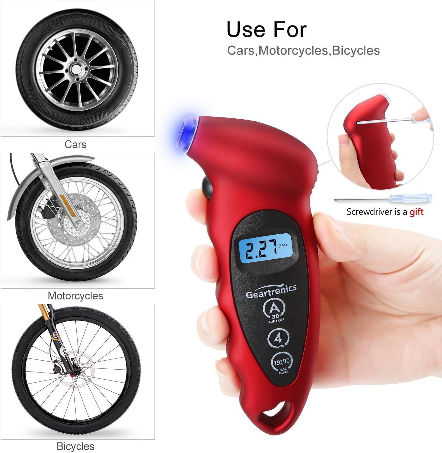 Digital Tire Pressure Gauge 150 PSI 4 Settings with Backlight LCD Tire Gauge for Cars, Motorcycles and Bikes with Non-Slip Grip, 2 Pack