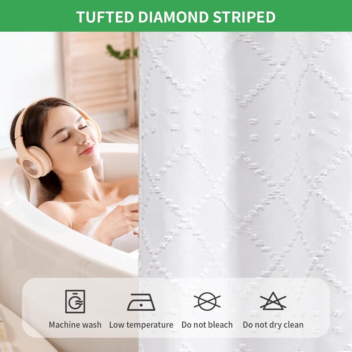 White No Hook Shower Curtain with Fabric Snap in Liner Set, Boho Tufted Chevron Striped Shabby Chic Textured Shower Curtain with a Mash Top Window, Hotel Decor, 71" W X 74" L