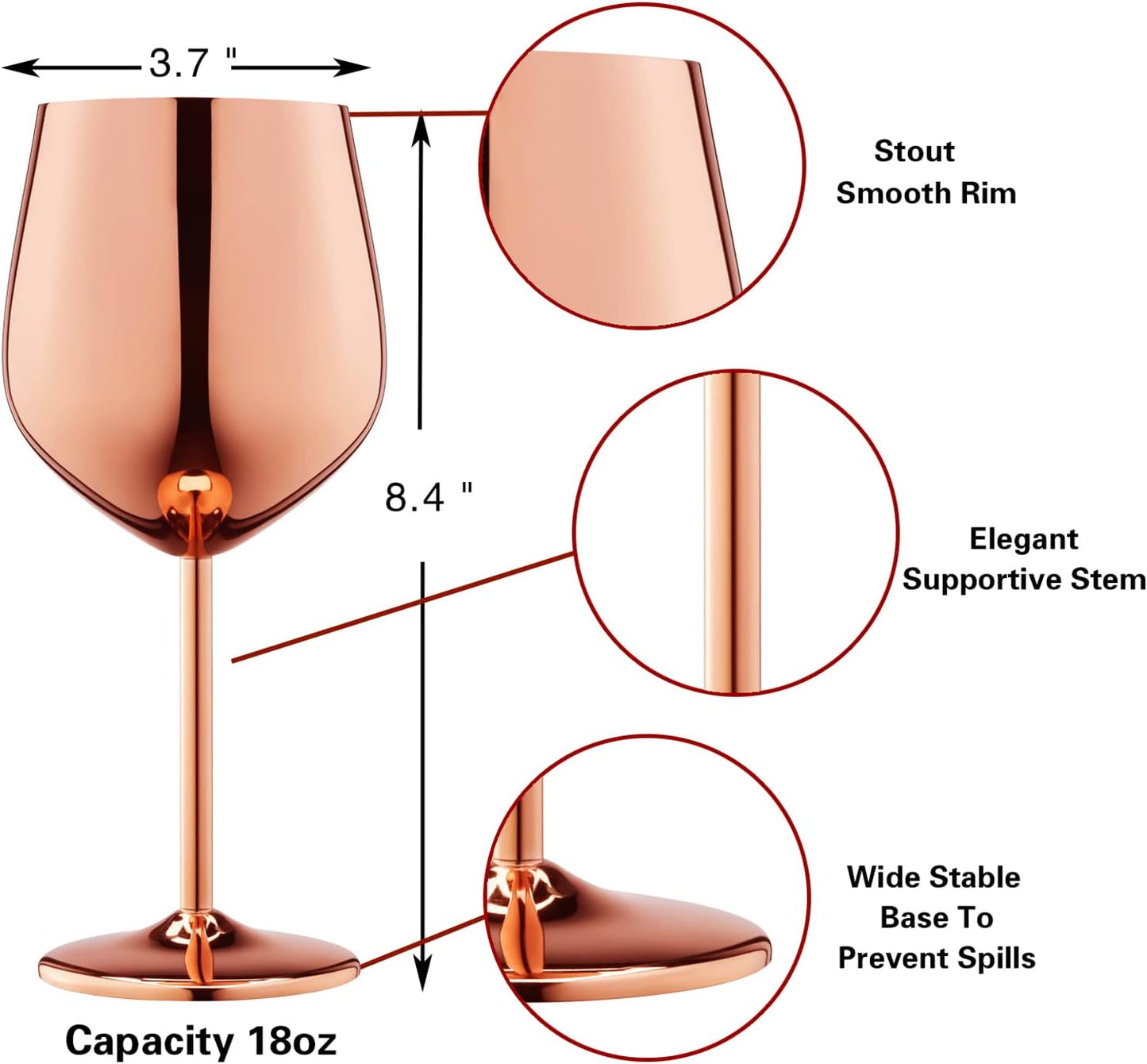 Rose Gold Wine Glasses Set of 4, 18Oz Copper Stainless Steel Unbreakable Metal Glass for Outdoor, Travel, Camping - Ideal Wine Accessories Gift