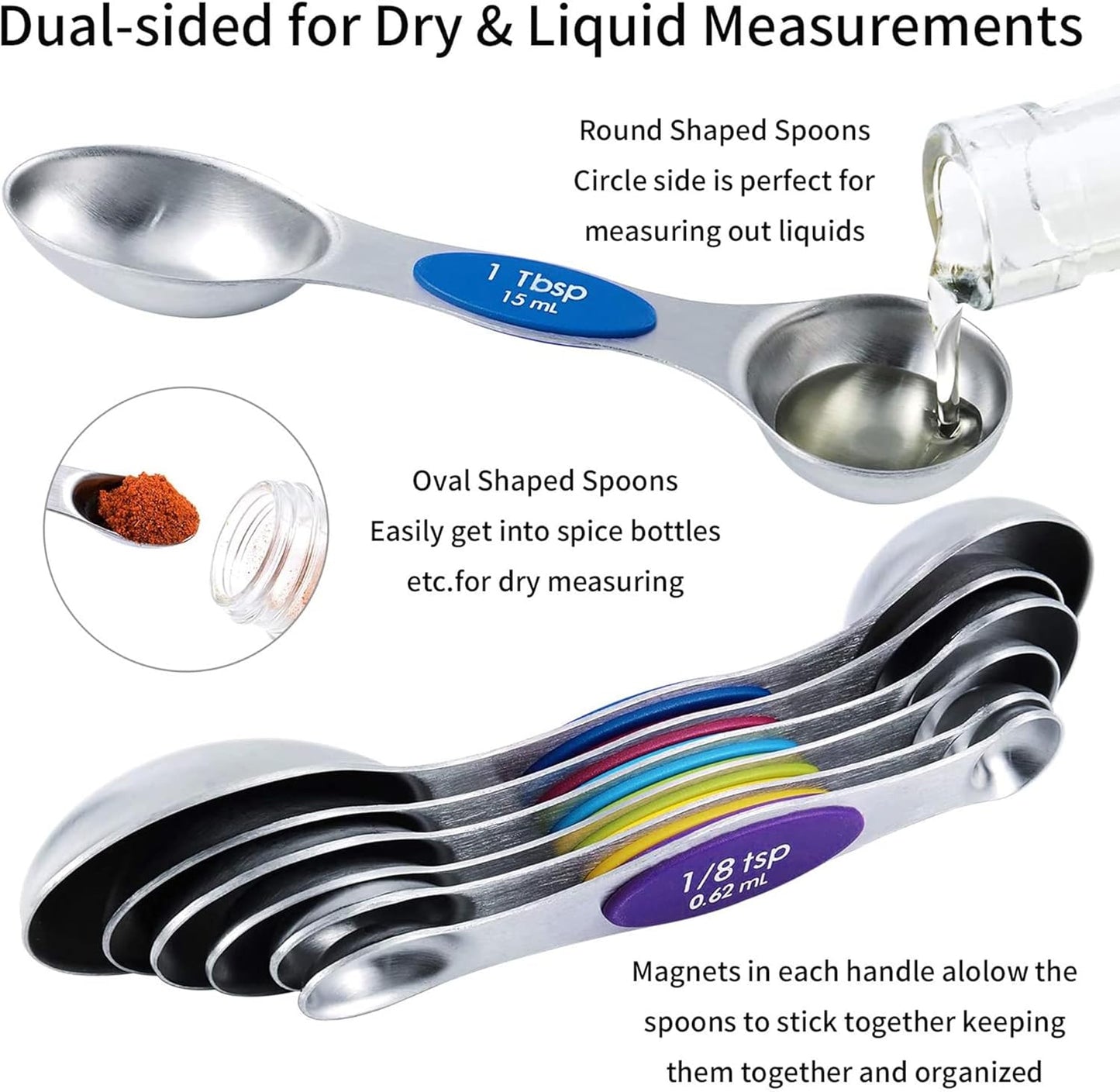 Measuring Cups and Magnetic Measuring Spoons Set, Stainless Steel Measuring Cups, 6 Double-Sided Stainless Steel Measuring Spoons & 1 Leveler (5+7)