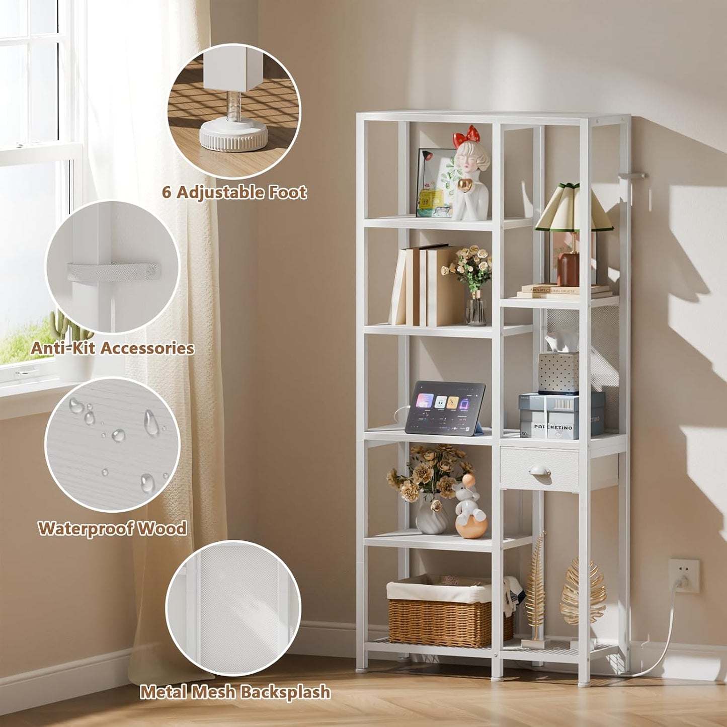 6-Tier Bookshelf with Charging Station, Double Display Shelf with Drawer, Tall Freestanding Bookcase, Metal Open Book Shelf for Living Room, Bedroom, Home Office, White