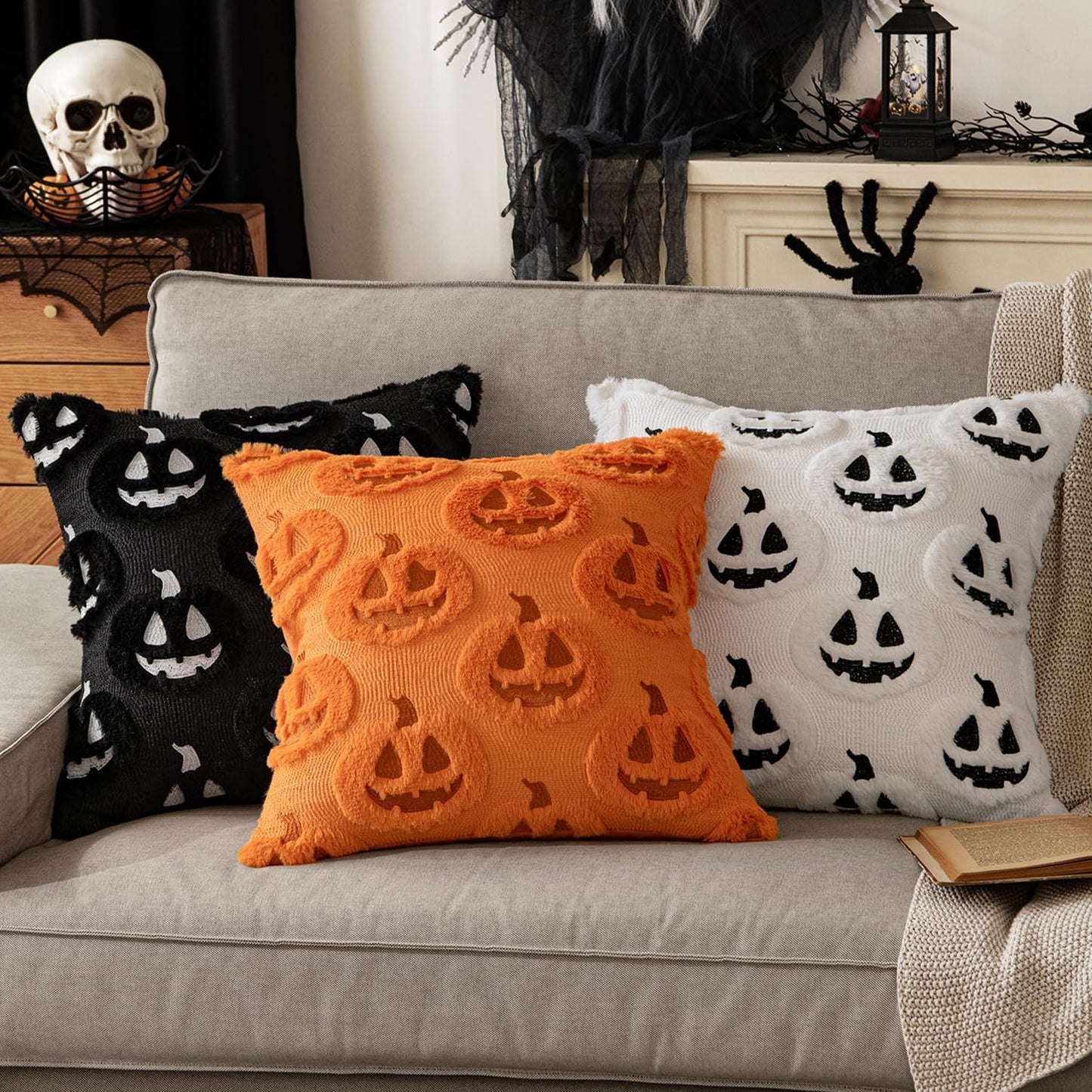 Fall Halloween Throw Pillow Covers 18X18 Decorative Pumpkin Pattern Pillowcases Soft Plush Faux Wool Cushions for Home Patio Sofa Couch,Orange