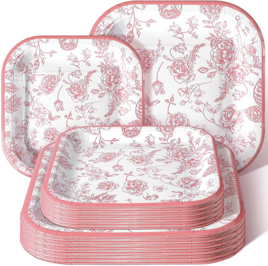 100-Piece Floral Disposable Paper Plate Set - 9-Inch Dinner Plates and 7-Inch Square Dessert Plates for Birthday, Wedding, and Baby Shower Celebrations (Pink, Floral Design)