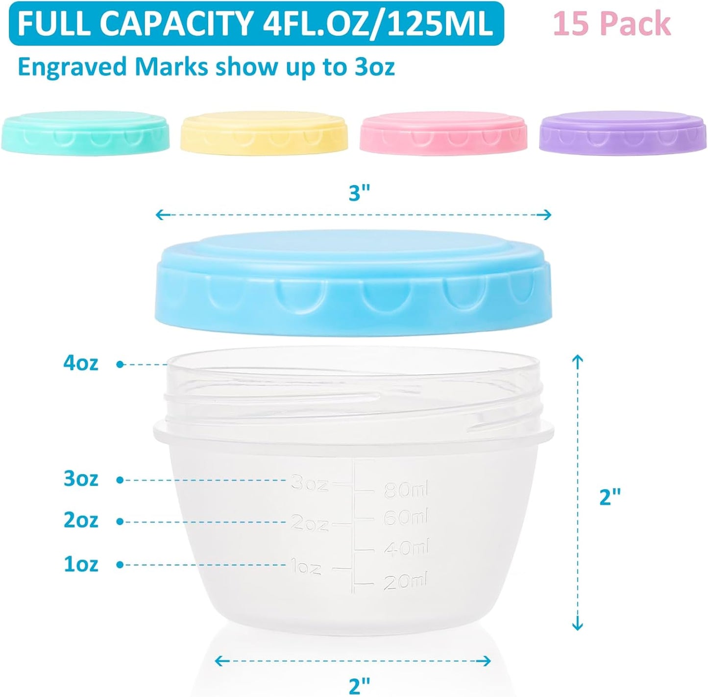 Small Food Containers with Lids for Baby Toddler 4 Oz, 15 Pack Easy Open Ultra Thick Reusable Plastic Freezer Kids Food Storage Box for Snack Lunch Daycare School, Measuring, Dishwasher Safe, BPA Free