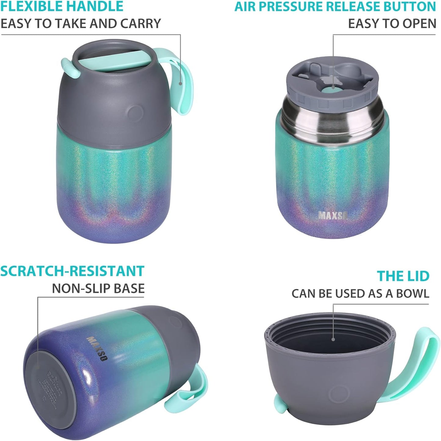 Insulated Thermo Soup Jar for Kids & Adults, 17 Oz Stainless Steel Thermal Food Container with Spoon, Triple Layer Insulation (Rainbow)