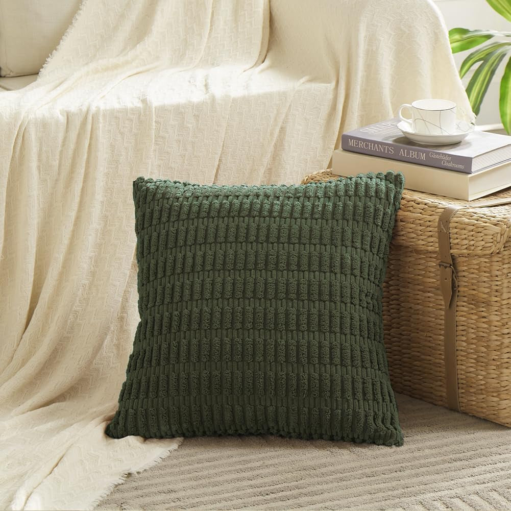 2 Packs Boho Olive Green Decorative Throw Pillow Covers 18X18 Inch for Couch Bed Sofa, Rustic Modern Farmhouse Home Decor, Soft Plush Corduroy Cute Square Cushion Case 45X45 Cm