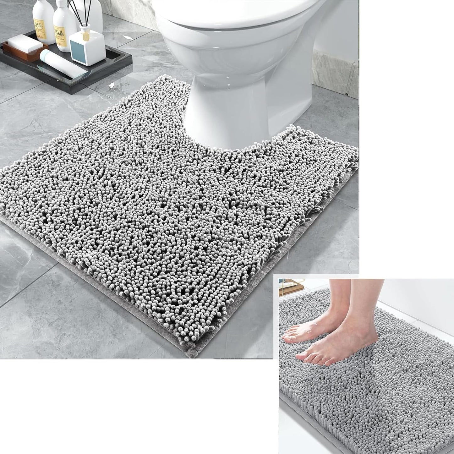 Luxury Shaggy Toilet Bath Mat U-Shaped Contour Rugs for Bathroom, 24.4 X 20.4 Inches, Soft and Comfortable, Maximum Absorbent, Dry Quickly, Non-Slip, Machine-Washable,Grey