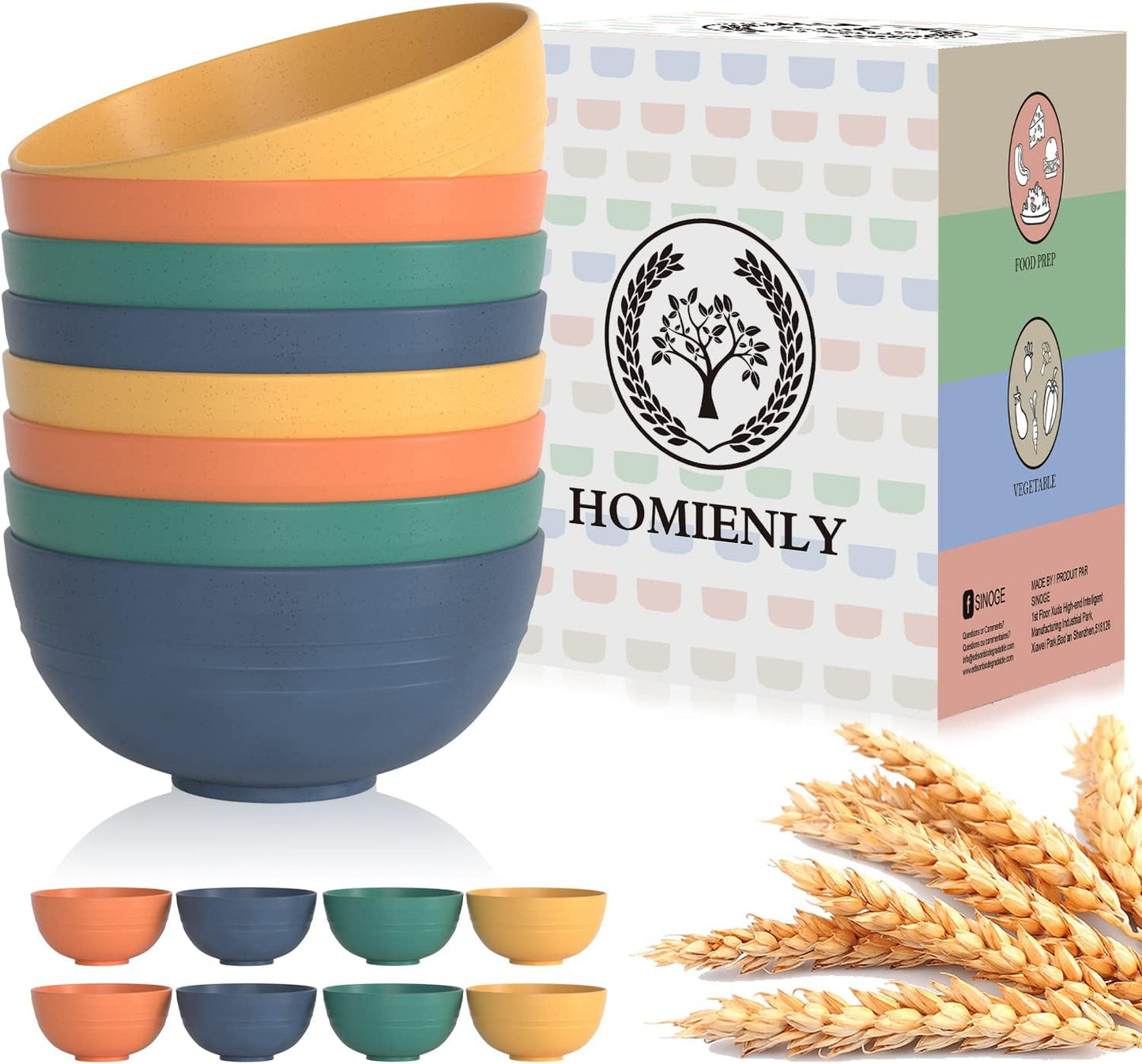 Premium 8-Piece Unbreakable Wheat Straw Cereal Bowl Set - Lightweight, Microwave and Dishwasher Safe, Ideal for Serving Soup, Oatmeal, Ramen, and Salad (Multi-Color, 26 OZ)