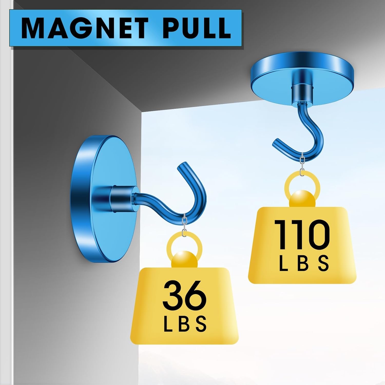 Heavy Duty Neodymium Magnetic Hooks - 10 Pack, 110 lbs Capacity, Rust-Proof Blue Magnets for Versatile Hanging Solutions in Kitchen, Garage, and Cruise Use