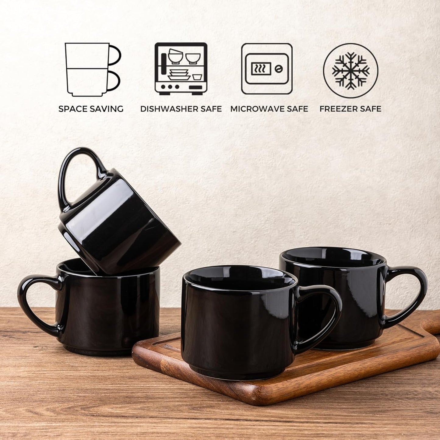 14 oz Stackable Ceramic Coffee Mug Set of 6 - Modern Black Cups for Latte, Tea, and Cappuccino, Dishwasher and Microwave Safe