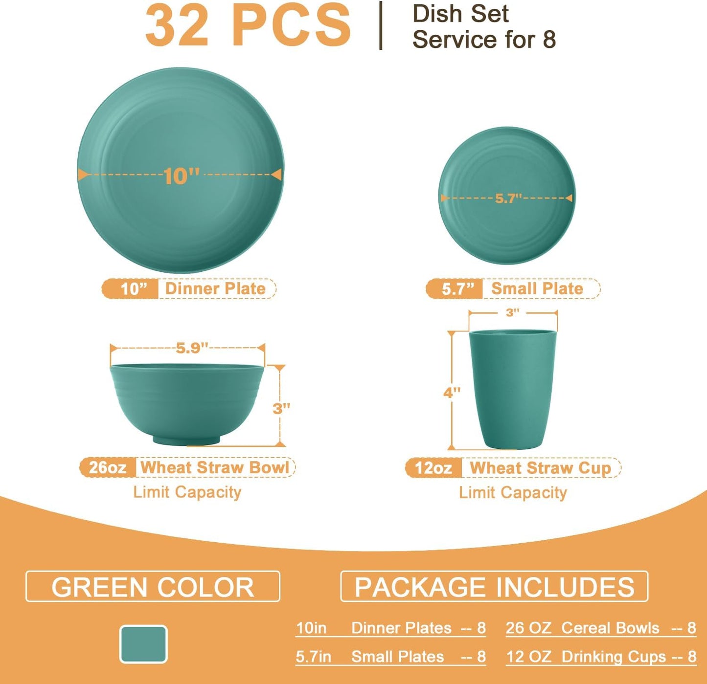 Wheat Straw 32-Piece Dinnerware Set for 8 - Durable and Lightweight Plates and Bowls for Camping, Outdoor Adventures, and RV Use, Microwave and Dishwasher Safe - Green