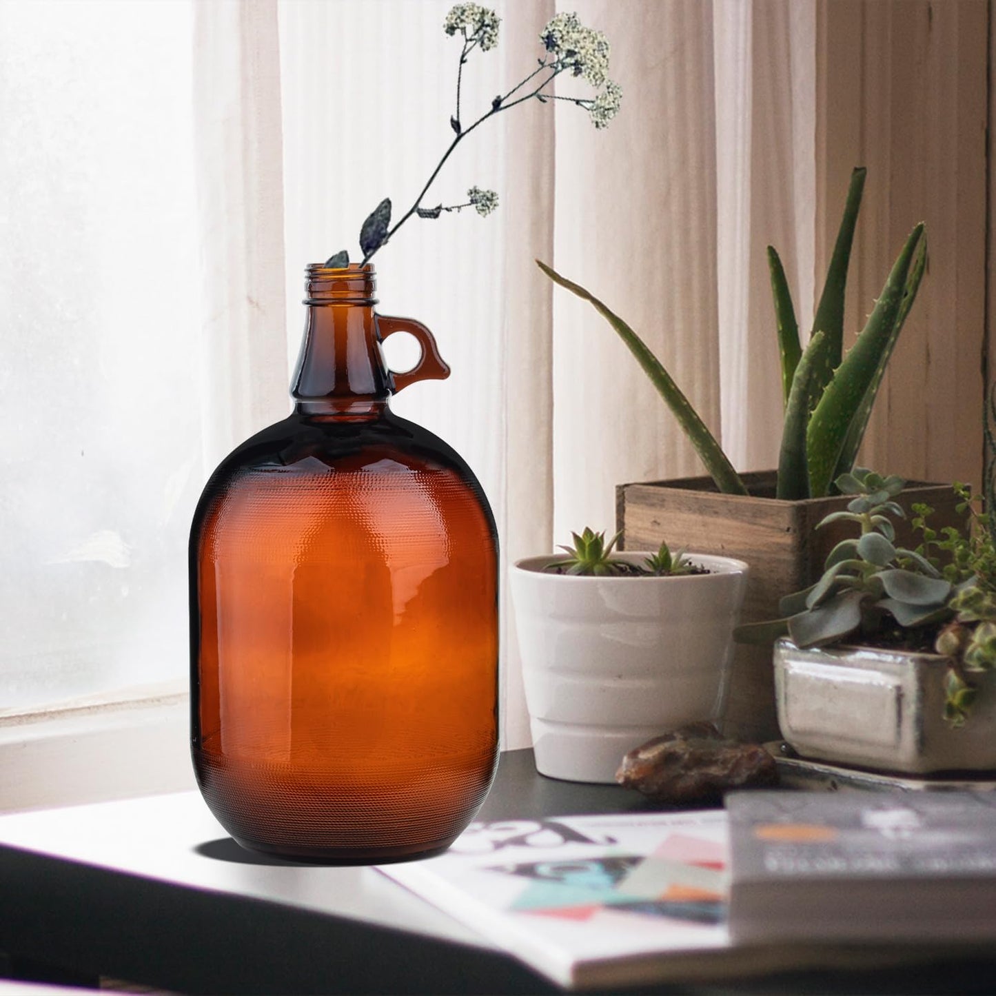 1 Gallon Glass Jug,Amber Glass Water Bottles with Handle,128 Oz Glass Gallon Jugs for Kombucha,Home Decor,Vanilla Extract,Water,Beer