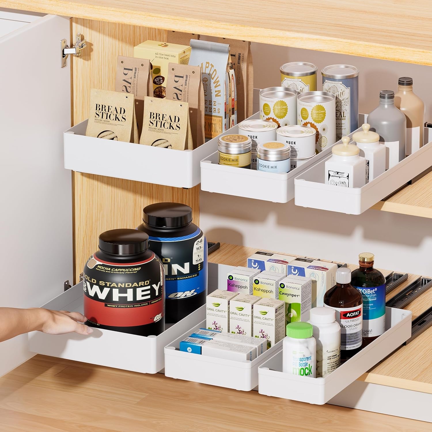 3 Pack Pull Out Cabinet Organizer, 15.7"Deep Pull Out Drawers for Cabinets, Slide Out Drawers for Kitchen Cabinets, Bathroom Cabinet Organizer, Pantry (White)