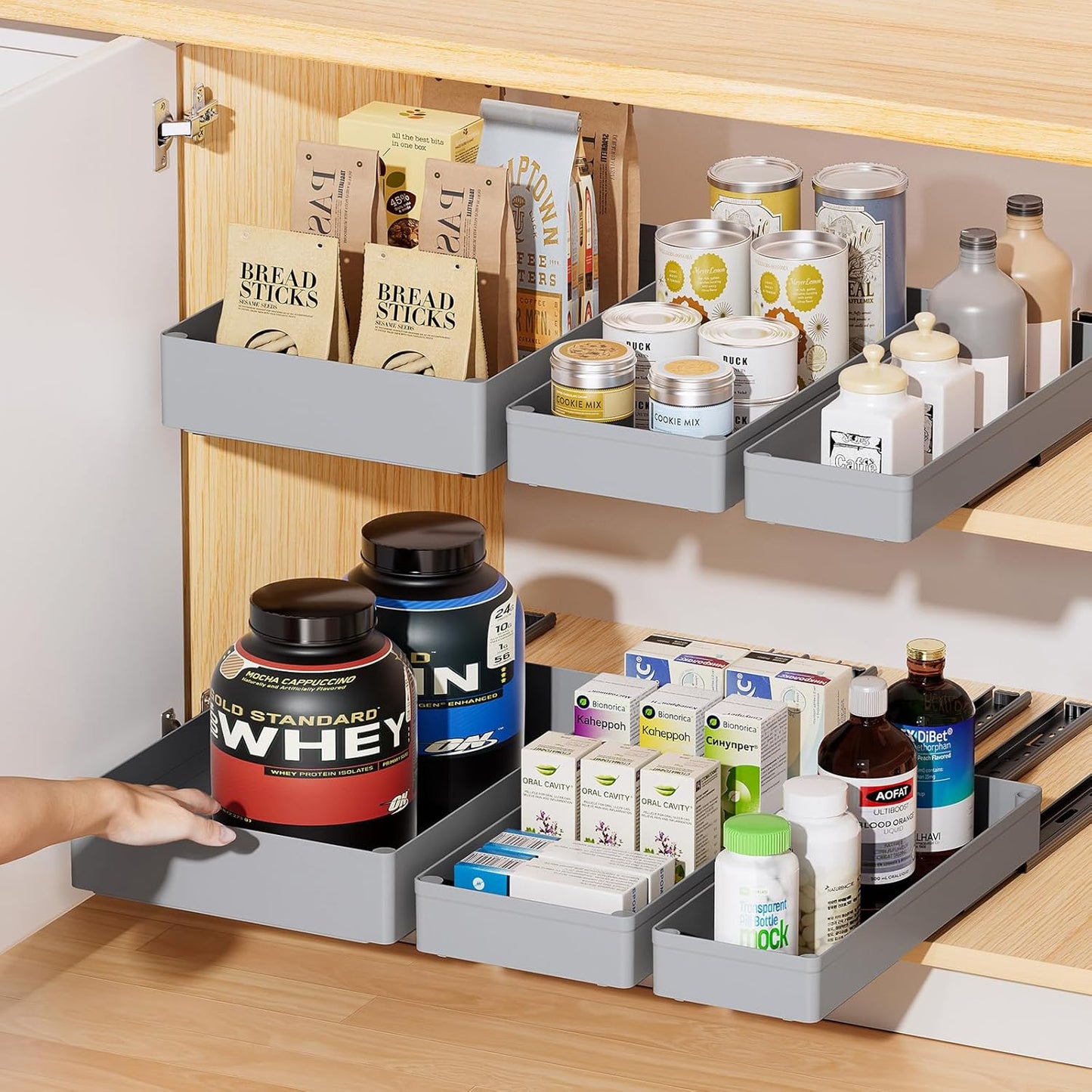 3 Pack Pull Out Cabinet Organizer, 15.7" Deep Pull Out Drawers for Cabinets, Slide Out Drawers for Kitchen Cabinets, Bathroom Cabinet Organizer, Pantry (Grey)