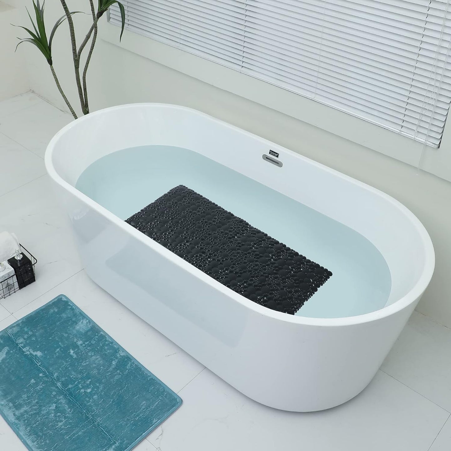 Extra Long Pebble Bath Tub Shower Mat 34.2 X 15.7, Bathmat Non-Slip with Suction Cups, Machine Washable, Bathroom Mats, Smooth/Non-Textured Surface Only (34.2" X 15.7", Black)
