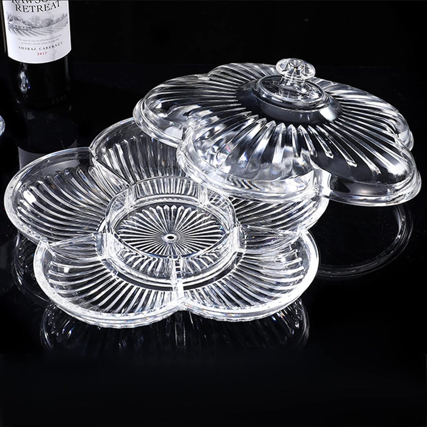Creative Acrylic Multifunctional Party Snack Tray with Lid,Serving Dishes for Dried Fruits Nuts Candies Fruits,6-Compartment (Clear Flower)