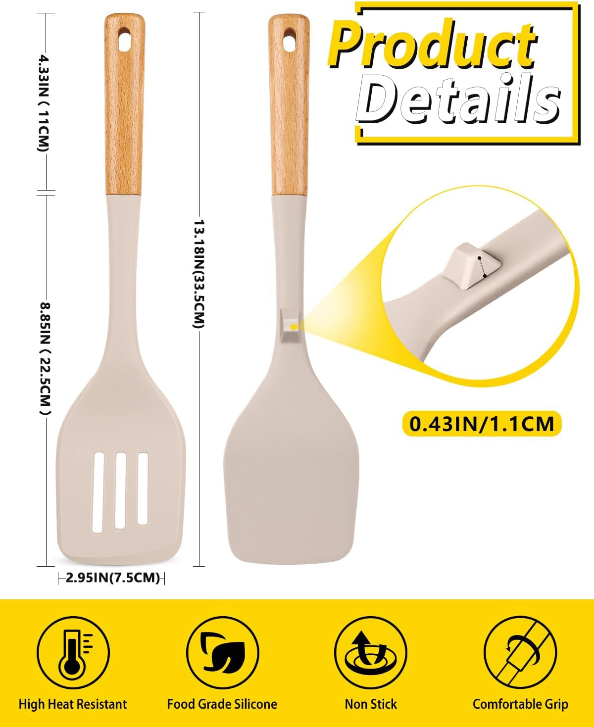 Pack of 2 Large Silicone Spatula, Heat Resistant Solid Turner, Non Stick Slotted Spatulas with Wooden Handle, Ideal Kitchen Utensils for Flipping, Pancakes, Eggs, Fish(Khaki)