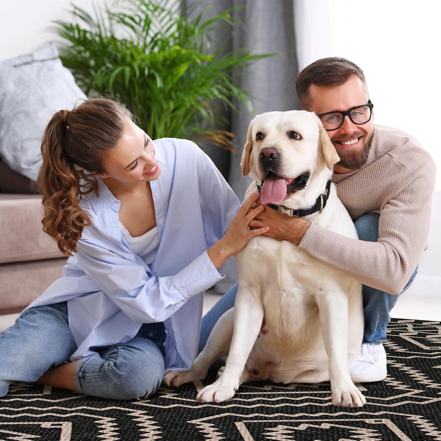 Moroccan Easy Jute Carpet, 3X5 Indoor Outdoor Entryway Patio Rug 3X5 Farmhouse Black Washable Living Room Rug, Non Slip Indoor Outdoor Carpet for Patio Courtyard Deck