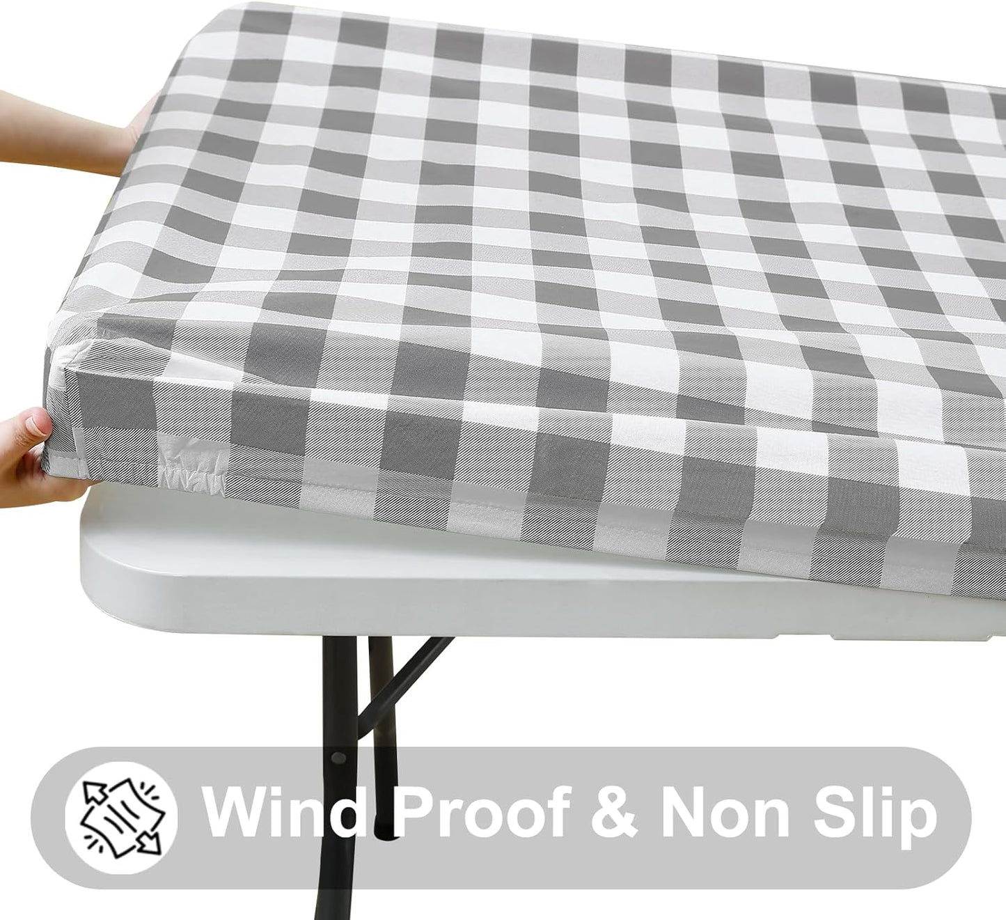 Rectangle Elastic Waterproof Fitted Vinyl Tablecloths with Flannel Backing, Buffalo Plaid Design for Dining and Outdoor Use (White and Grey, 30" x 72")