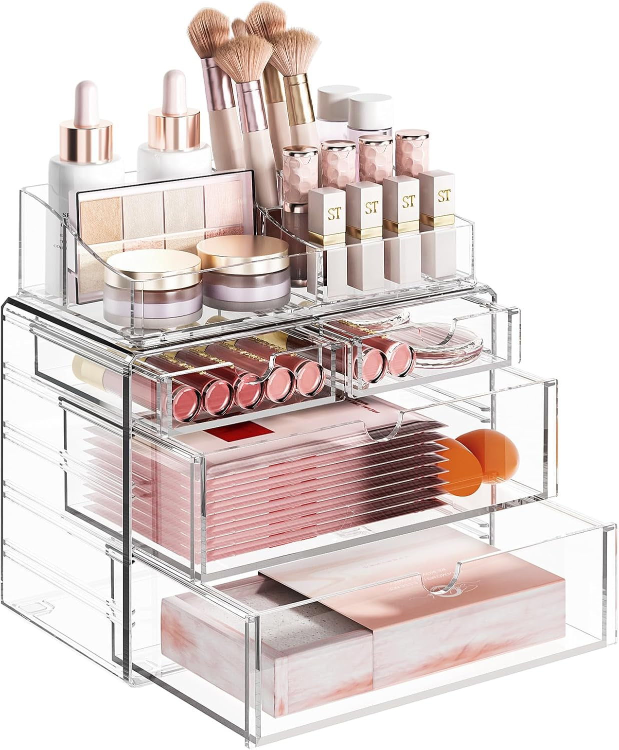 4-Tier Clear Makeup Organizer with Drawer - Stackable Acrylic Cosmetic Storage for Bathroom Vanity & Dresser Countertop, Make up & Jewelry Storage, Beauty Holder for Lipstick Brush Skincare