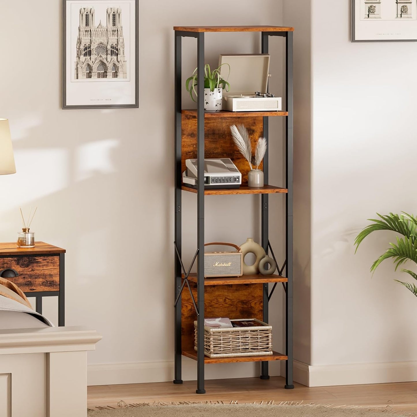 5 Tier Tall Bookshelf with Back, Display Narrow Bookcase, Industrial Storage Corner Shelves Organizer for Bedroom, Living Room, Entryway, Kitchen, Rusitc Brown