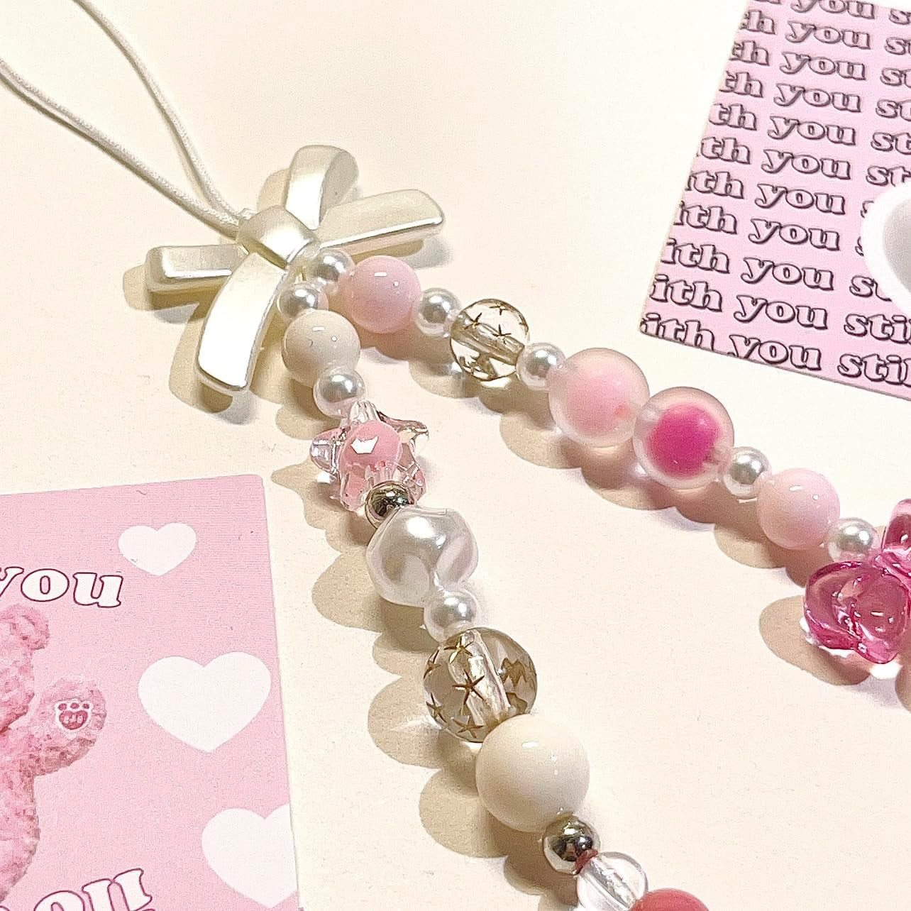 Pink Beaded Phone Charm Aesthetic Y2K Cell Phone Charms Strap Accessories for Keychain Camera