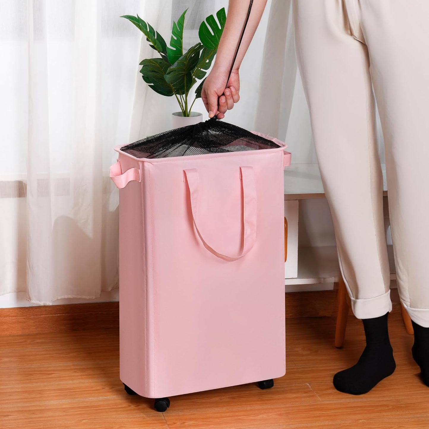 Slim Laundry Hamper with Wheels, Rolling Laundry Basket for Clothes, Small Laundry Basket for Bedroom, Dorm and Laundry Room, 60L (12.7 Gallons) Beige