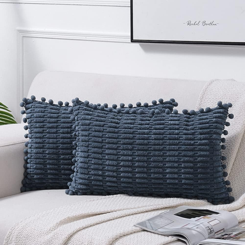2 Packs Dusty Blue Decorative Throw Pillow Covers 12X20 Inch with Pom-Poms for Couch Bed Living Room, Farmhouse Boho Home Decor, Soft Corduroy Cute Lumbar Cushion Case 30X50 Cm