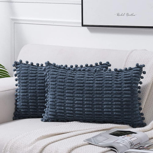 2 Packs Dusty Blue Decorative Throw Pillow Covers 12X20 Inch with Pom-Poms for Couch Bed Living Room, Farmhouse Boho Home Decor, Soft Corduroy Cute Lumbar Cushion Case 30X50 Cm