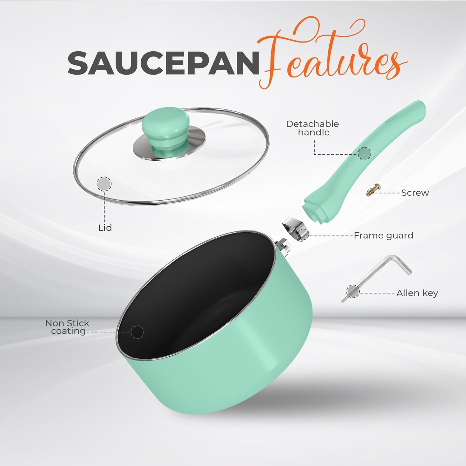 Detachable Handle Nonstick Saucepan with Glass Lid, Multipurpose Use for Home, Kitchen or Restaurant (Green)