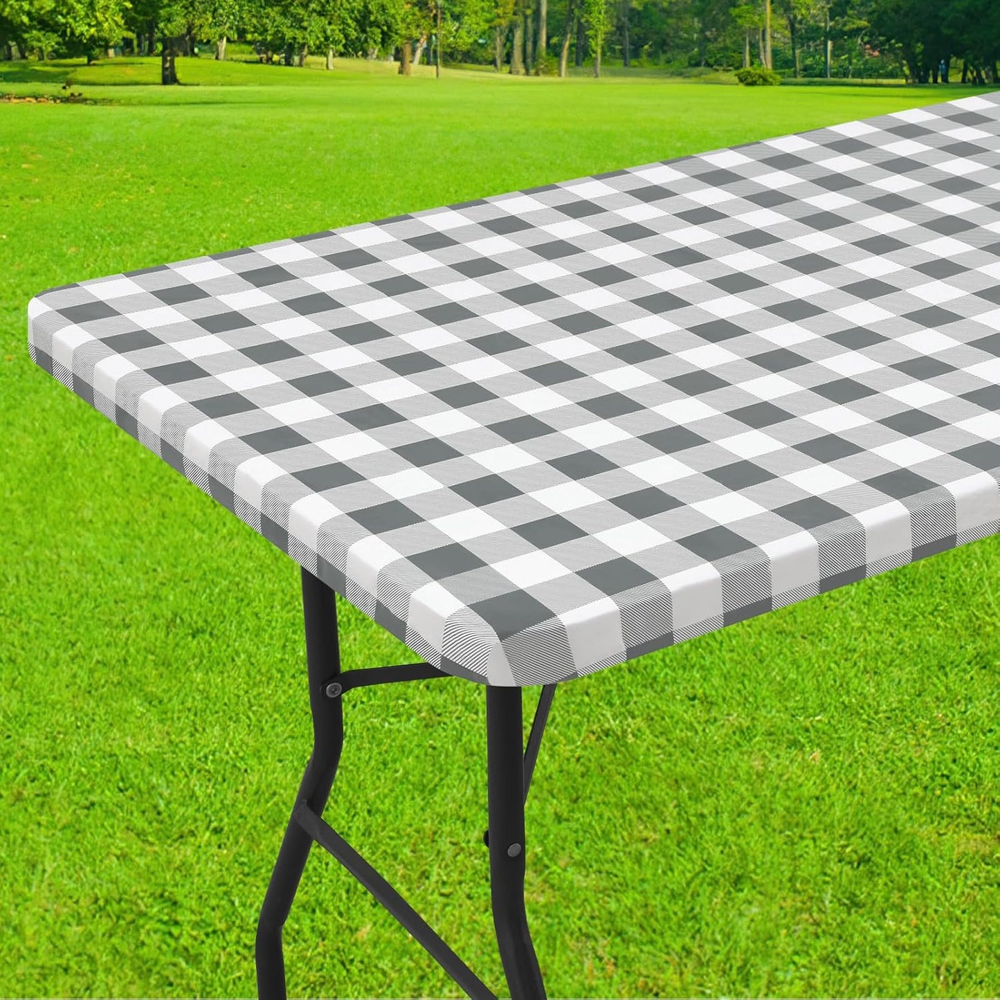 Rectangle Elastic Waterproof Fitted Vinyl Tablecloths with Flannel Backing, Buffalo Plaid Design for Dining and Outdoor Use (White and Grey, 30" x 72")