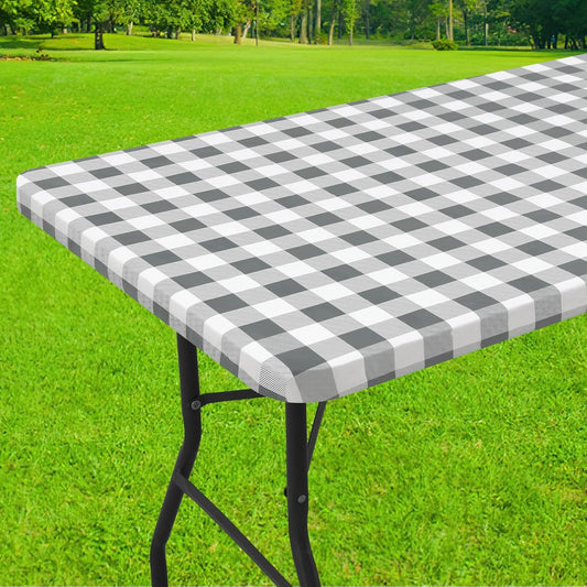 Rectangle Elastic Waterproof Fitted Vinyl Tablecloths with Flannel Backing, Buffalo Plaid Design for Dining and Outdoor Use (White and Grey, 30" x 72")