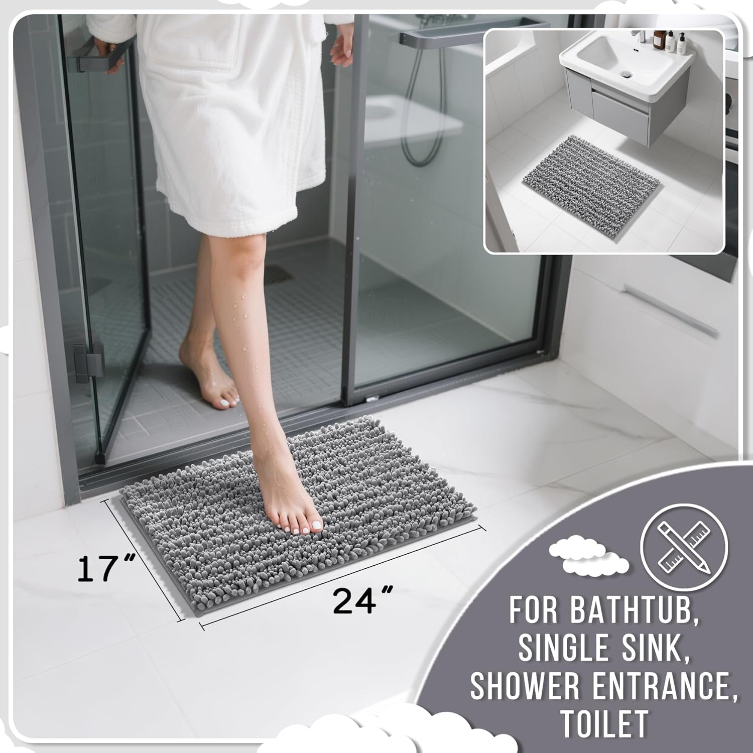 Bathroom Rugs Non Slip Washable 24X17 Inch - Ultra Soft Absorbent Chenille Bath Mat, Quick Dry Shaggy Floor Carpet for Tub Shower, Gray Home Decor Accessories