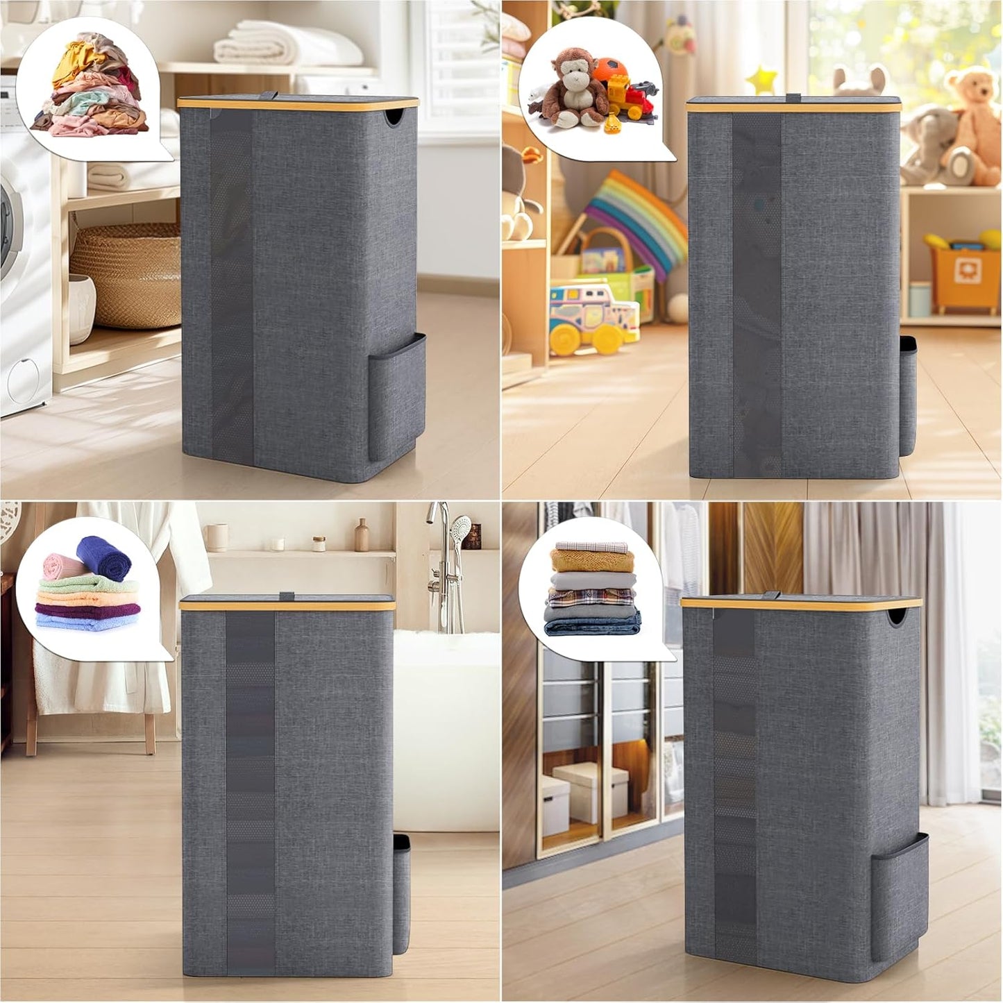 100L Laundry Basket with Lid, Removable Laundry Bag and Handles, Breathable Design Hamper for Bedroom, Bathroom, Dorm, and Laundry Room - Light Grey