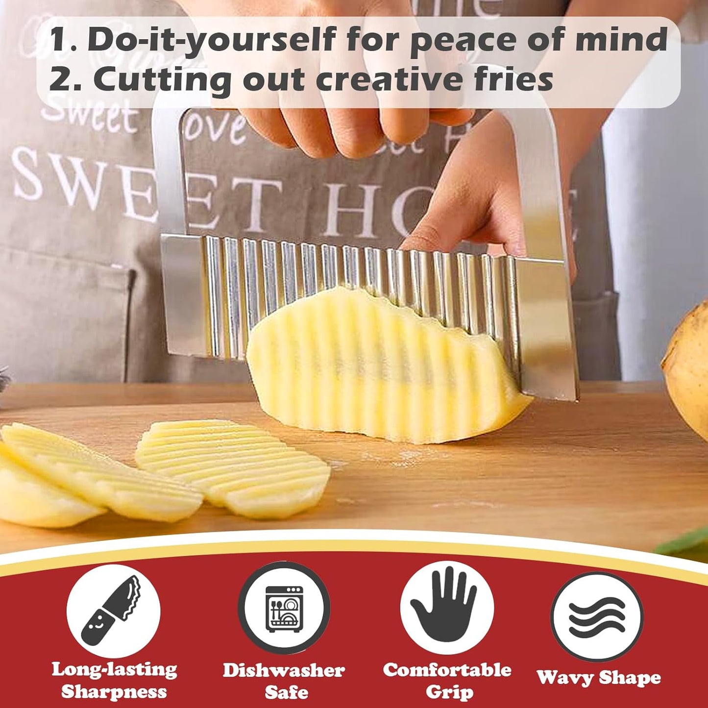 Extra-Large Crinkle Cutter Wave Potato Slicer – Stainless Steel French Fry Cutter for Restaurants, Waffle Slicing Tool, Crinkle Chopping for Potatoes, Kitchen Veggie Cucumber Slicer with Handle