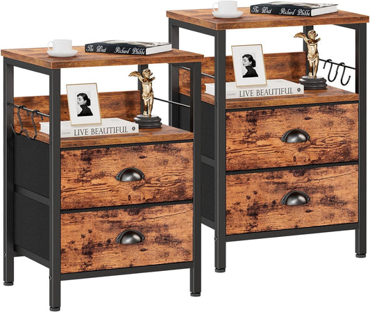 Nightstands Set 2, Bedside Table with 2 Fabric Drawers, End Table with Hooks and Shelf, Side Table for Bedroom/Living Room/Study/Hallway/Brown