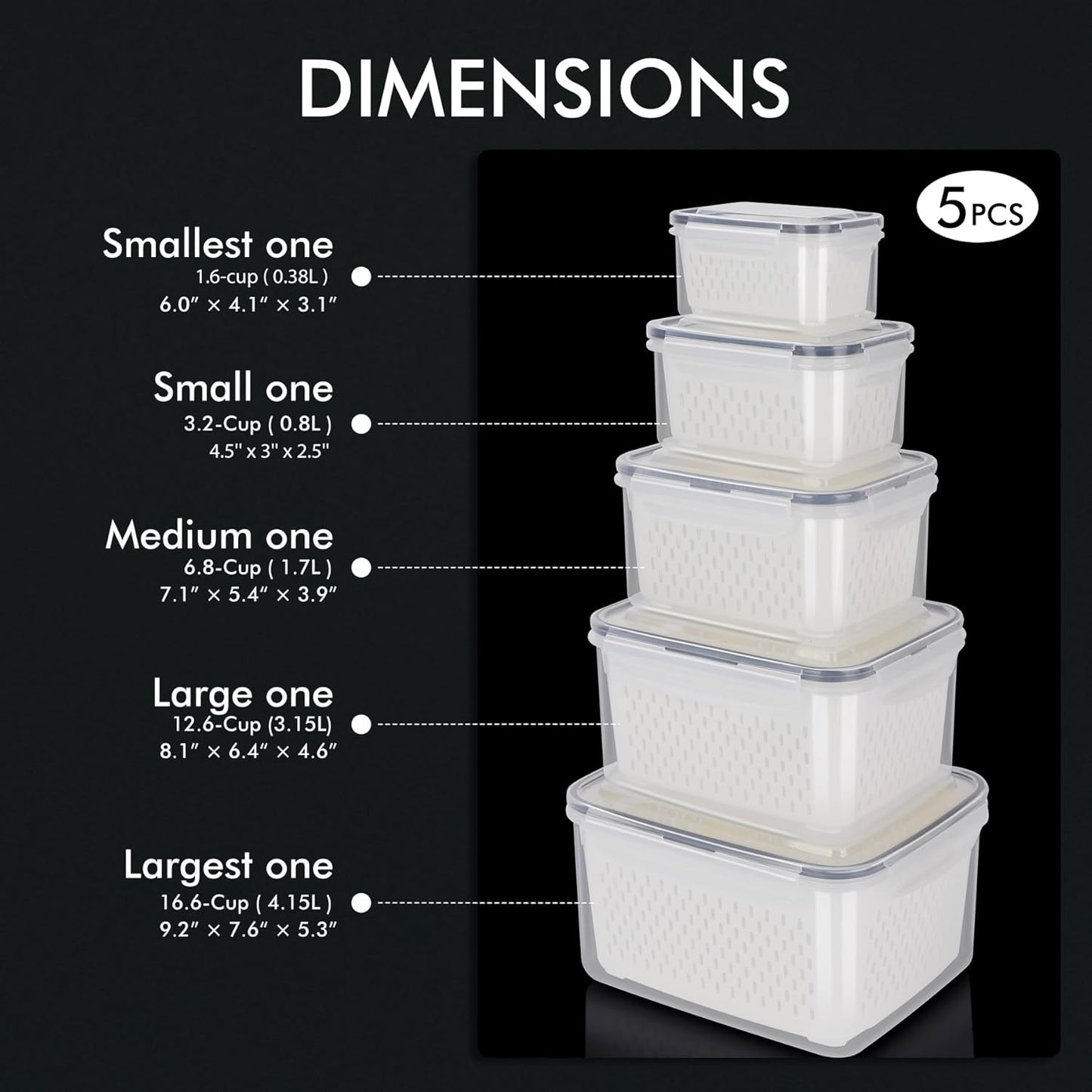 5-Pack Large Fruit Storage Container with Removable Colander, BPA Free Dishwasher & Microwave Safe Largest 4.15L